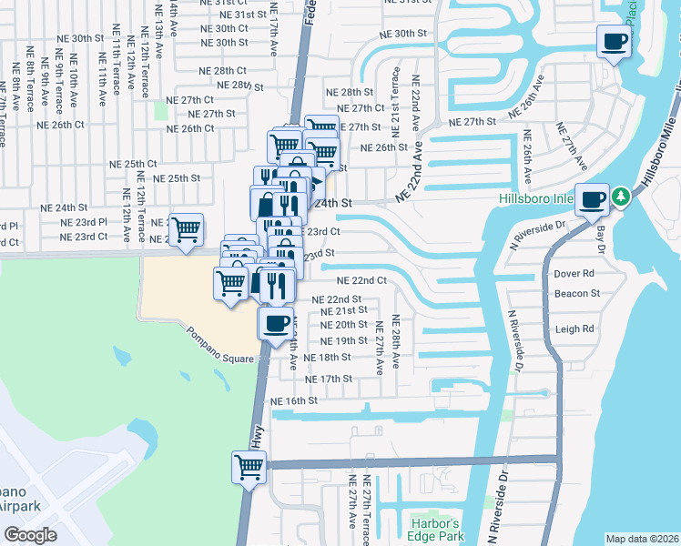 map of restaurants, bars, coffee shops, grocery stores, and more near 2650 Northeast 22nd Court in Pompano Beach
