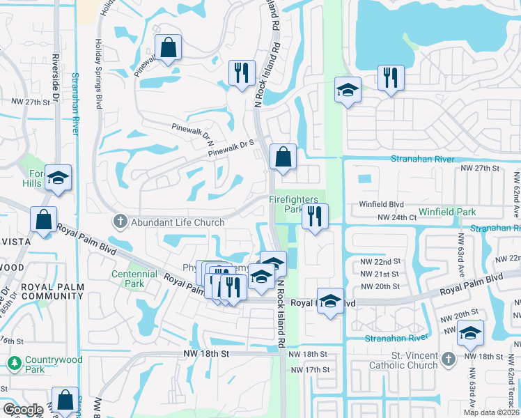 map of restaurants, bars, coffee shops, grocery stores, and more near 7280 Northwest 24th Court in Margate