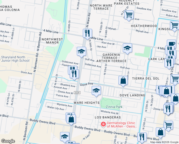 map of restaurants, bars, coffee shops, grocery stores, and more near 5713 North 36th Street in McAllen