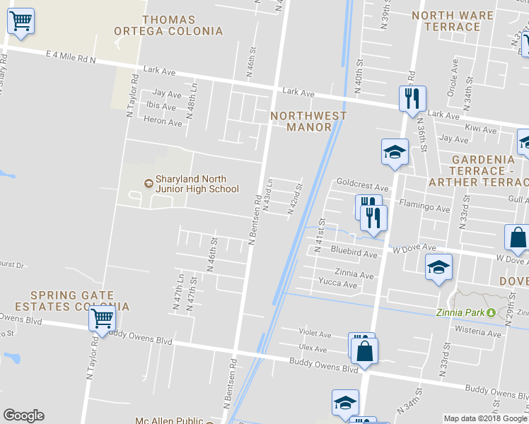 map of restaurants, bars, coffee shops, grocery stores, and more near 2917 North 43rd Lane in McAllen