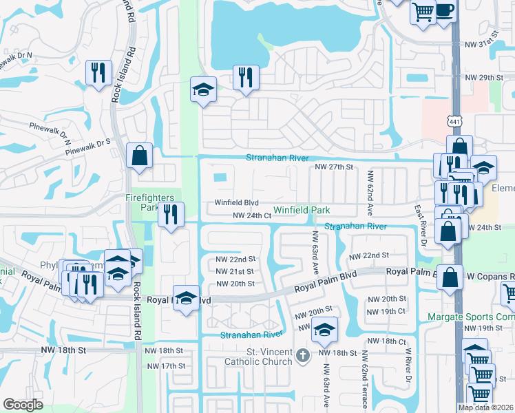 map of restaurants, bars, coffee shops, grocery stores, and more near 6580 Winfield Boulevard in Margate