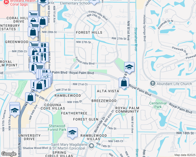 map of restaurants, bars, coffee shops, grocery stores, and more near 8500 Royal Palm Boulevard in Coral Springs
