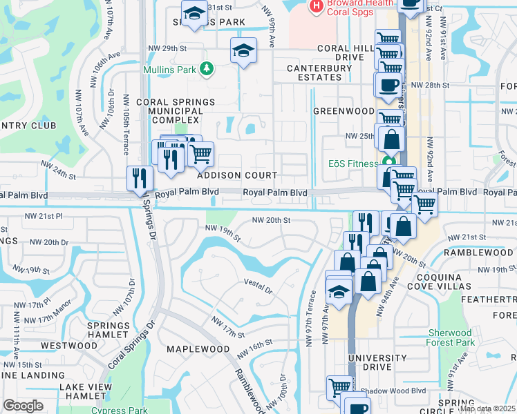 map of restaurants, bars, coffee shops, grocery stores, and more near 9908 Royal Palm Boulevard in Coral Springs