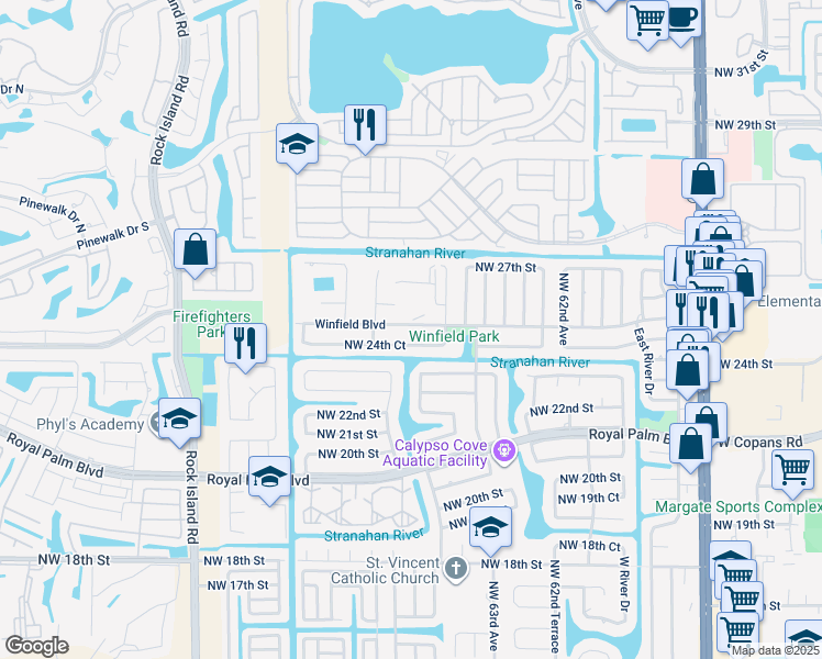 map of restaurants, bars, coffee shops, grocery stores, and more near 6501 Winfield Boulevard in Margate