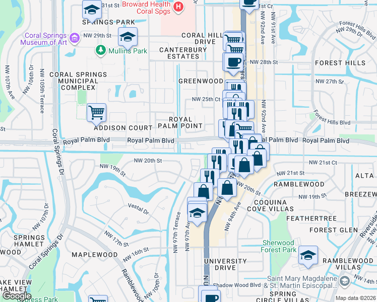 map of restaurants, bars, coffee shops, grocery stores, and more near 9640 Royal Palm Boulevard in Coral Springs