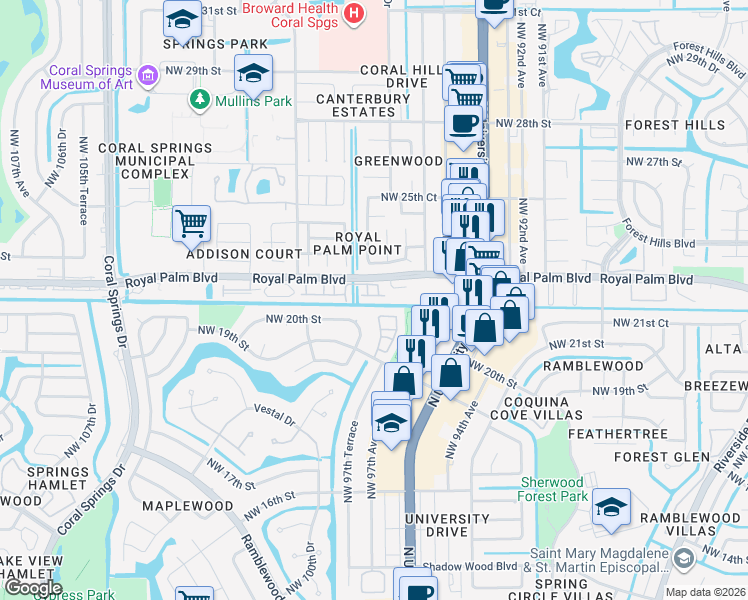 map of restaurants, bars, coffee shops, grocery stores, and more near 9640 Royal Palm Boulevard in Coral Springs