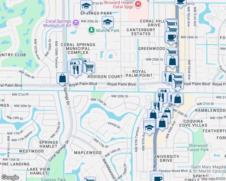 map of restaurants, bars, coffee shops, grocery stores, and more near 9908 Royal Palm Boulevard in Coral Springs