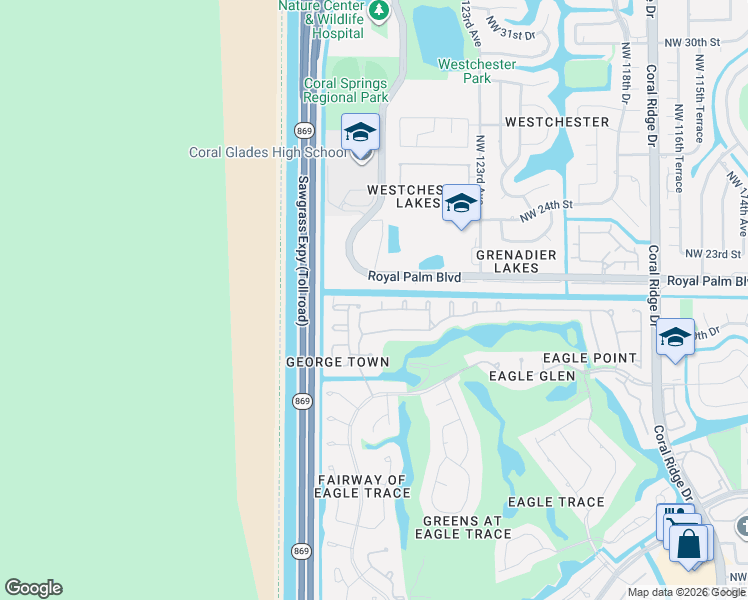 map of restaurants, bars, coffee shops, grocery stores, and more near 2575 Sportsplex Drive in Coral Springs