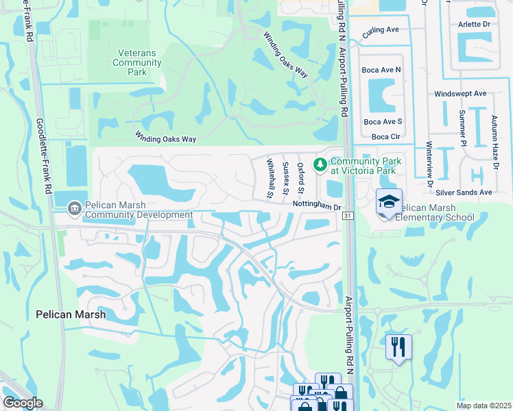 map of restaurants, bars, coffee shops, grocery stores, and more near 601 Nottingham Drive in Naples