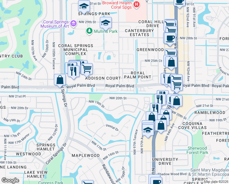 map of restaurants, bars, coffee shops, grocery stores, and more near 9908 Royal Palm Boulevard in Coral Springs