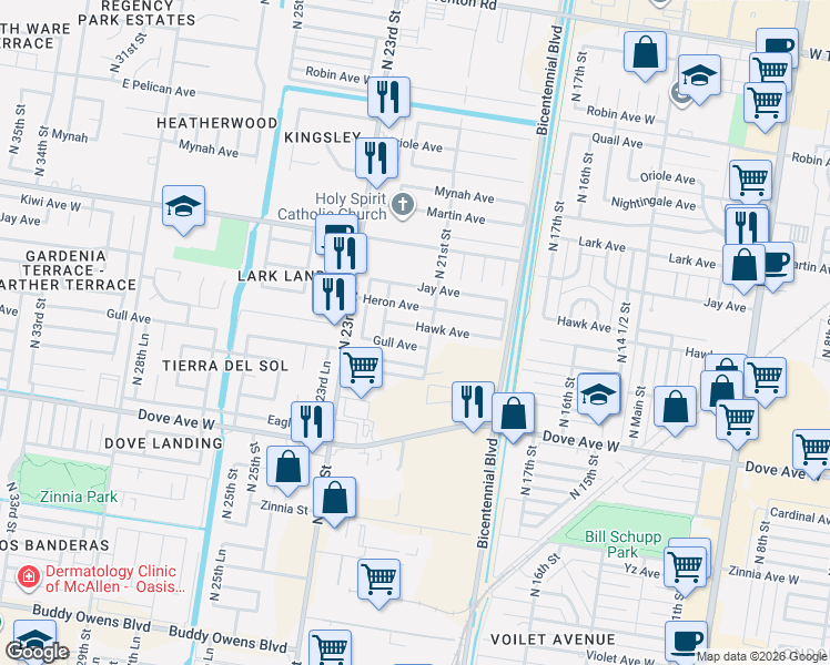 map of restaurants, bars, coffee shops, grocery stores, and more near 2105 Heron Avenue in McAllen
