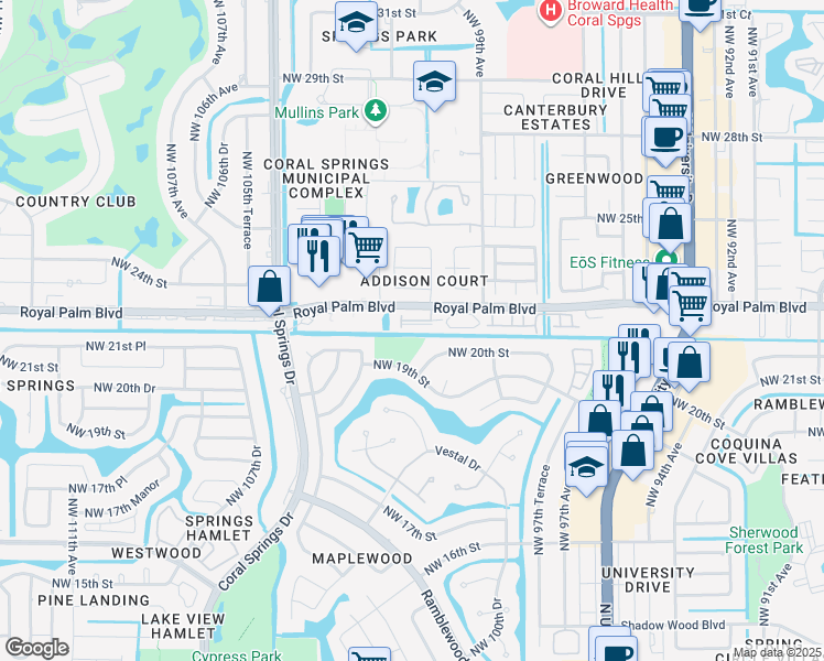 map of restaurants, bars, coffee shops, grocery stores, and more near 10194 Royal Palm Boulevard in Coral Springs