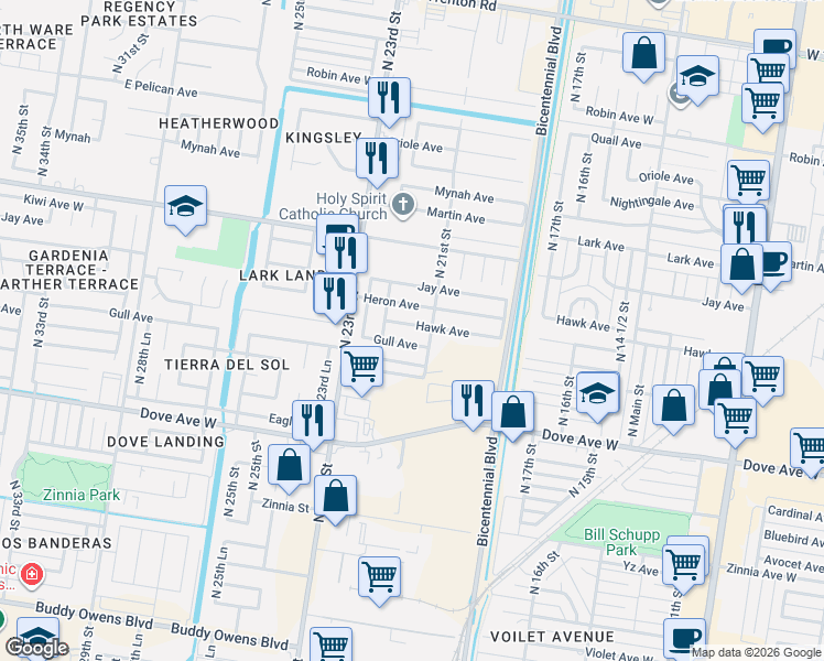 map of restaurants, bars, coffee shops, grocery stores, and more near 2105 Heron Avenue in McAllen