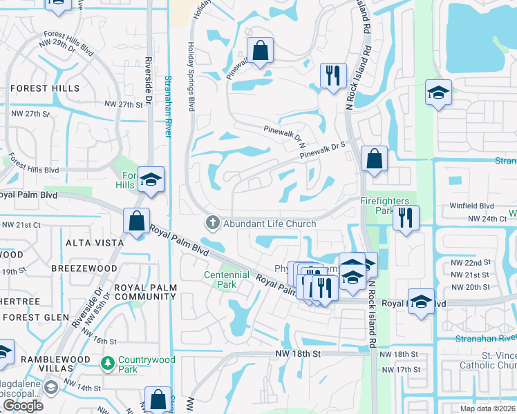 map of restaurants, bars, coffee shops, grocery stores, and more near 7697 Northwest 25th Street in Margate