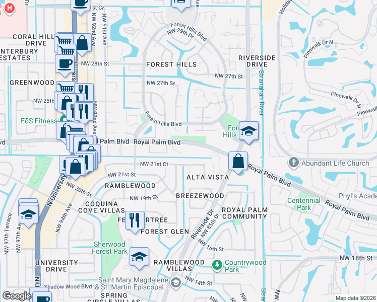 map of restaurants, bars, coffee shops, grocery stores, and more near 8500 Royal Palm Boulevard in Coral Springs