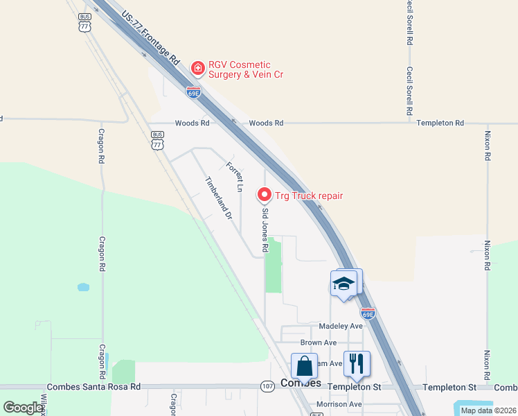 map of restaurants, bars, coffee shops, grocery stores, and more near 20710 Sid Jones Road in Harlingen