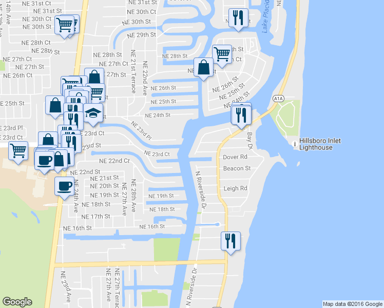 map of restaurants, bars, coffee shops, grocery stores, and more near 2401 North Riverside Drive in Pompano Beach