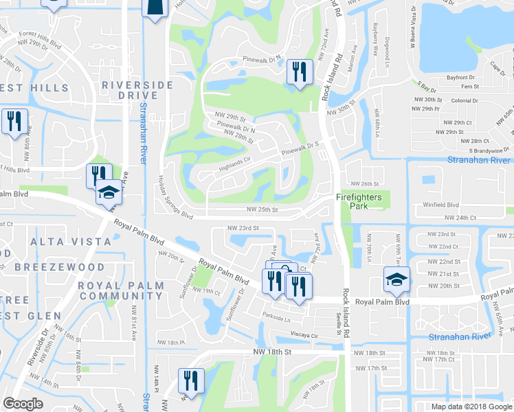 map of restaurants, bars, coffee shops, grocery stores, and more near 7617 Northwest 25th Street in Margate