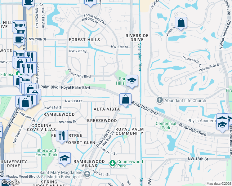 map of restaurants, bars, coffee shops, grocery stores, and more near 8355 Royal Palm Boulevard in Coral Springs
