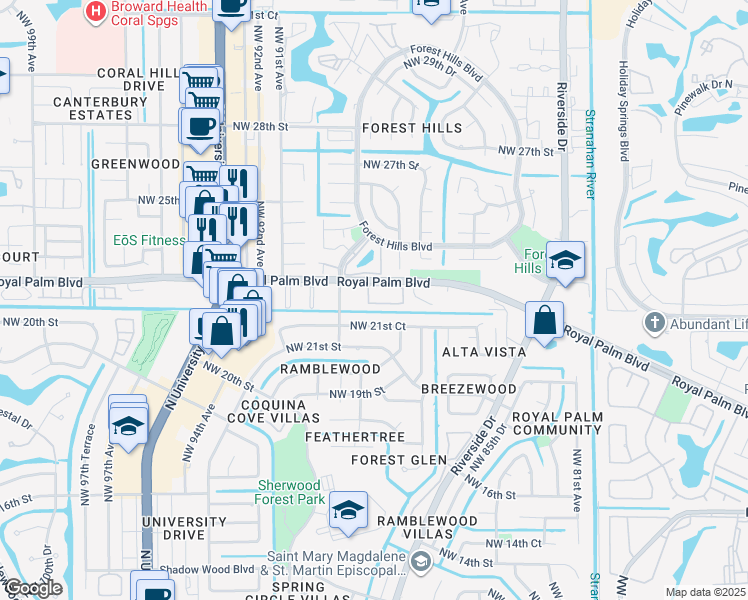 map of restaurants, bars, coffee shops, grocery stores, and more near 8880 Royal Palm Boulevard in Coral Springs