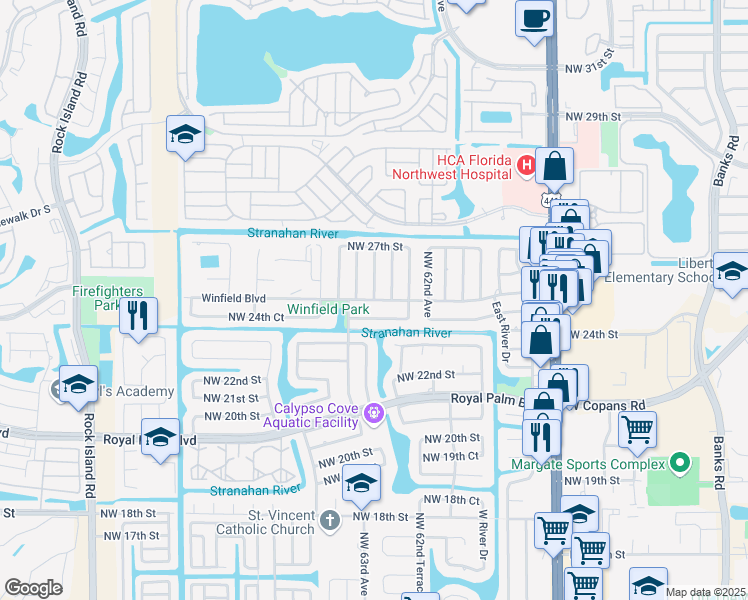 map of restaurants, bars, coffee shops, grocery stores, and more near Northwest 63rd Terrace in Margate