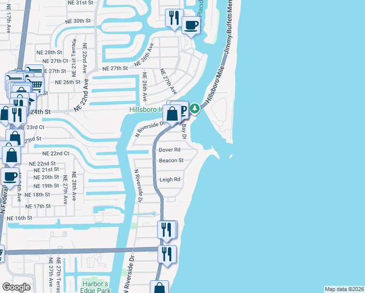 map of restaurants, bars, coffee shops, grocery stores, and more near 3421 Norfolk Street in Pompano Beach