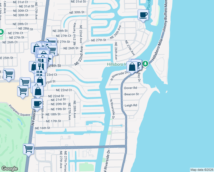 map of restaurants, bars, coffee shops, grocery stores, and more near 2401 North Riverside Drive in Pompano Beach