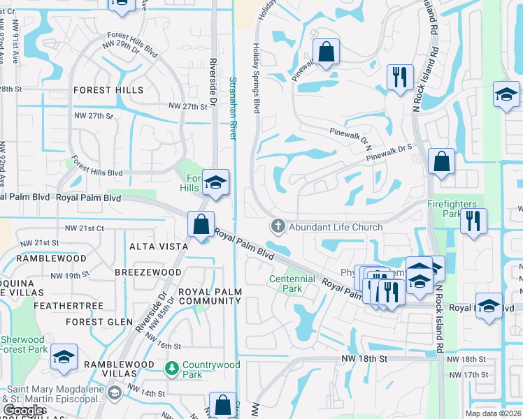 map of restaurants, bars, coffee shops, grocery stores, and more near 2620 Northwest 79th Avenue in Margate