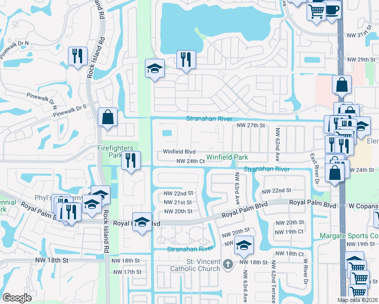 map of restaurants, bars, coffee shops, grocery stores, and more near 6303 Winfield Boulevard in Margate