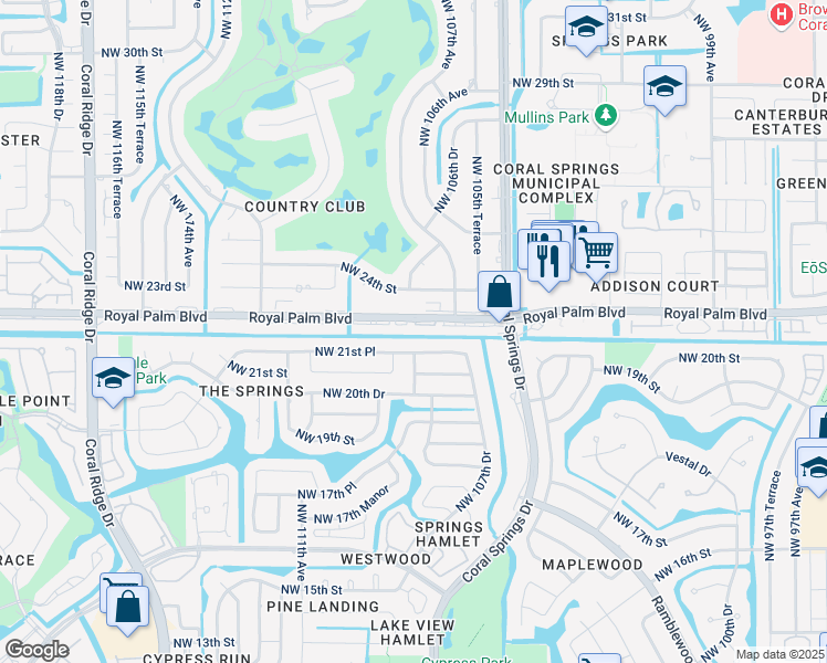 map of restaurants, bars, coffee shops, grocery stores, and more near 10795 Royal Palm Boulevard in Coral Springs