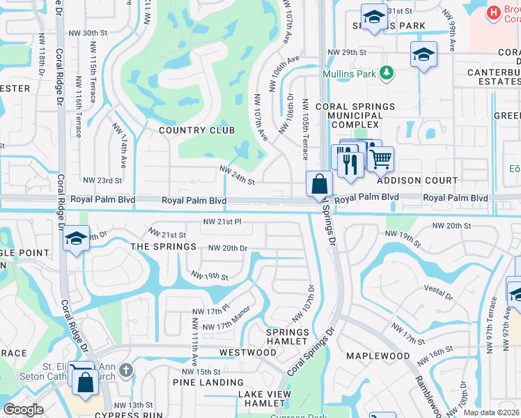 map of restaurants, bars, coffee shops, grocery stores, and more near 10795 Royal Palm Boulevard in Coral Springs
