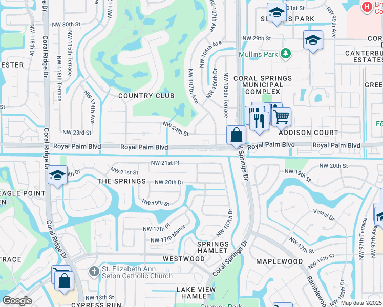 map of restaurants, bars, coffee shops, grocery stores, and more near 10795 Royal Palm Boulevard in Coral Springs