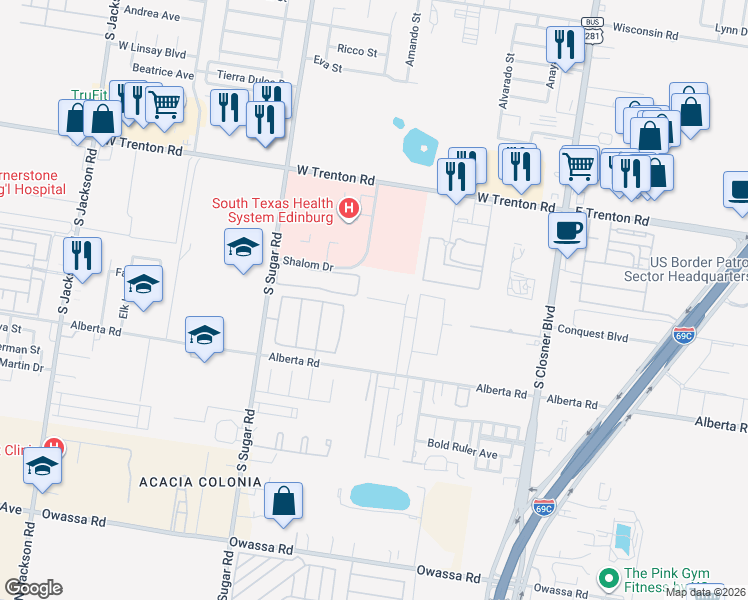 map of restaurants, bars, coffee shops, grocery stores, and more near 1112 Shalom Drive in Edinburg