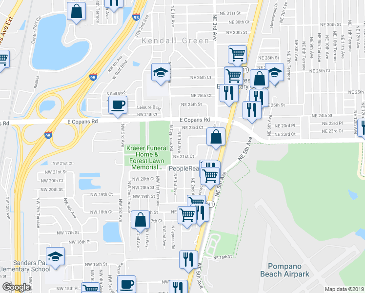 map of restaurants, bars, coffee shops, grocery stores, and more near 2221 Northeast 1st Avenue in Pompano Beach