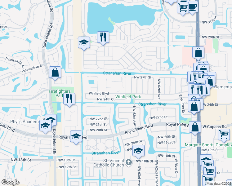 map of restaurants, bars, coffee shops, grocery stores, and more near 6501 Winfield Boulevard in Margate