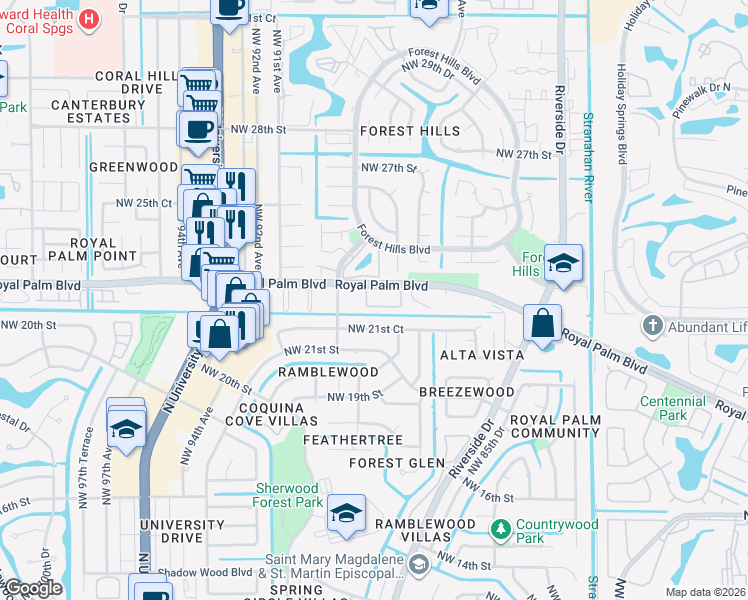 map of restaurants, bars, coffee shops, grocery stores, and more near 8880 Royal Palm Boulevard in Coral Springs