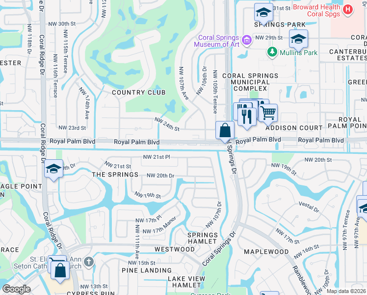 map of restaurants, bars, coffee shops, grocery stores, and more near 10795 Royal Palm Boulevard in Coral Springs