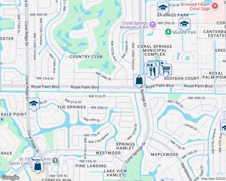 map of restaurants, bars, coffee shops, grocery stores, and more near 10795 Royal Palm Boulevard in Coral Springs