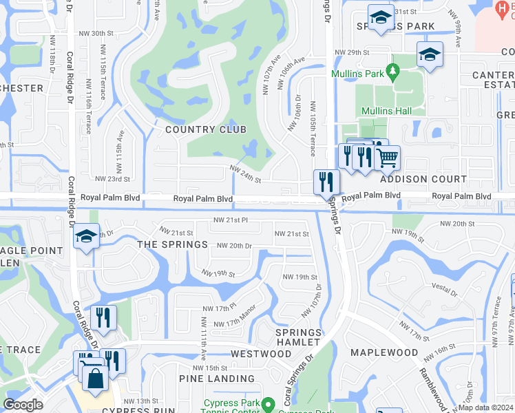 map of restaurants, bars, coffee shops, grocery stores, and more near 10876 Royal Palm Boulevard in Coral Springs
