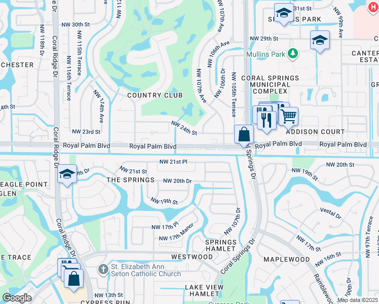 map of restaurants, bars, coffee shops, grocery stores, and more near 10876 Royal Palm Boulevard in Coral Springs