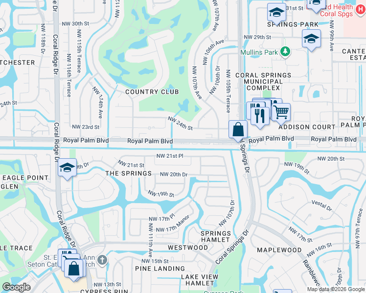 map of restaurants, bars, coffee shops, grocery stores, and more near 10876 Royal Palm Boulevard in Coral Springs