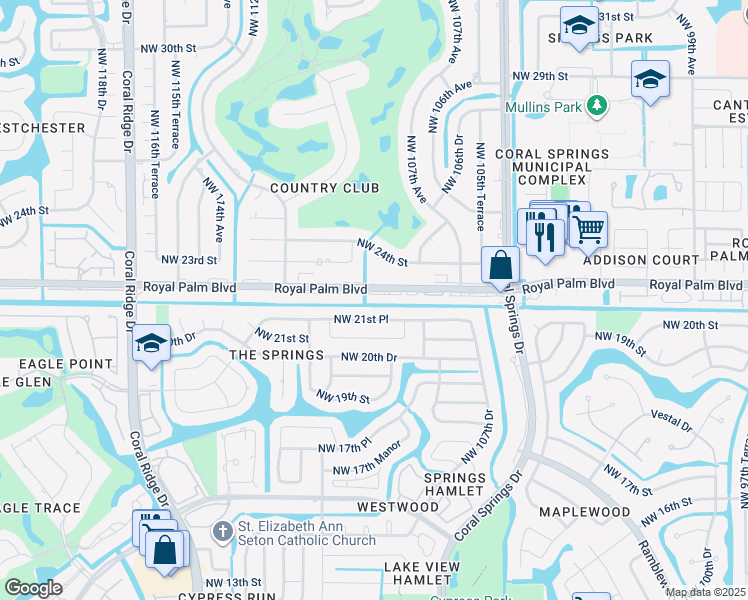 map of restaurants, bars, coffee shops, grocery stores, and more near 10974 Royal Palm Boulevard in Coral Springs