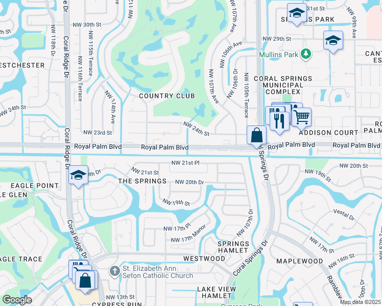 map of restaurants, bars, coffee shops, grocery stores, and more near 10974 Royal Palm Boulevard in Coral Springs