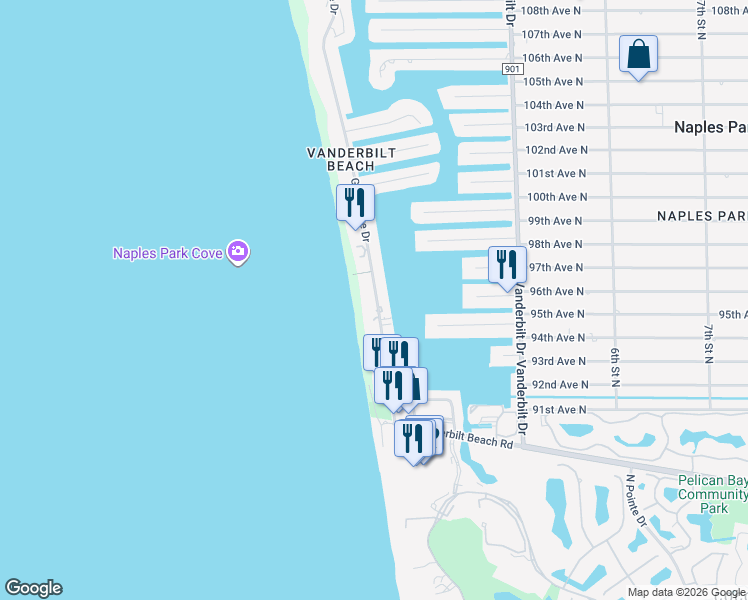 map of restaurants, bars, coffee shops, grocery stores, and more near 9653 Gulf Shore Drive in Naples