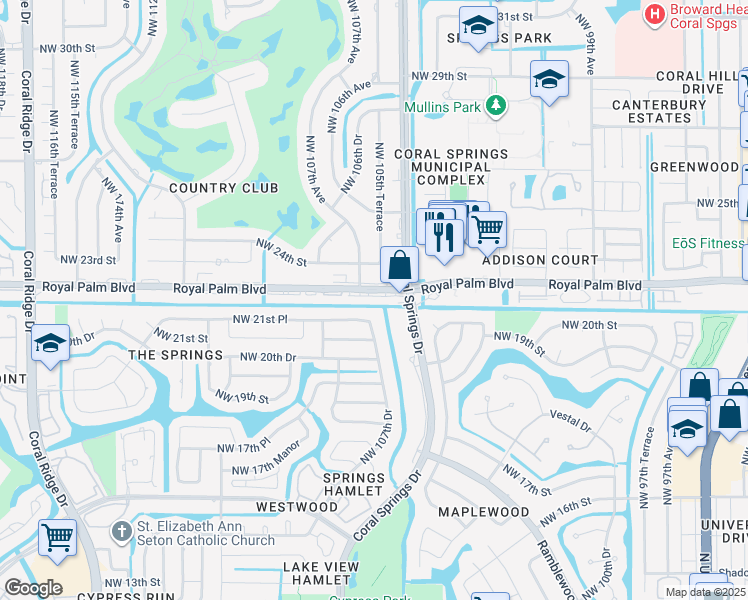 map of restaurants, bars, coffee shops, grocery stores, and more near 10601 Royal Palm Boulevard in Coral Springs