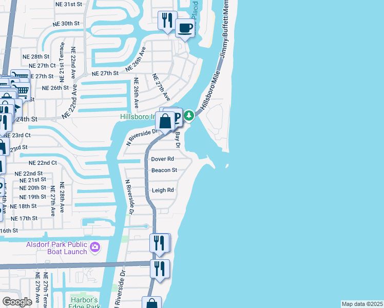 map of restaurants, bars, coffee shops, grocery stores, and more near 2400 Bay Drive in Pompano Beach