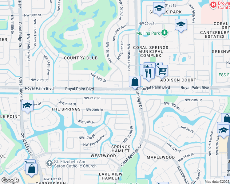 map of restaurants, bars, coffee shops, grocery stores, and more near 10795 Royal Palm Boulevard in Coral Springs