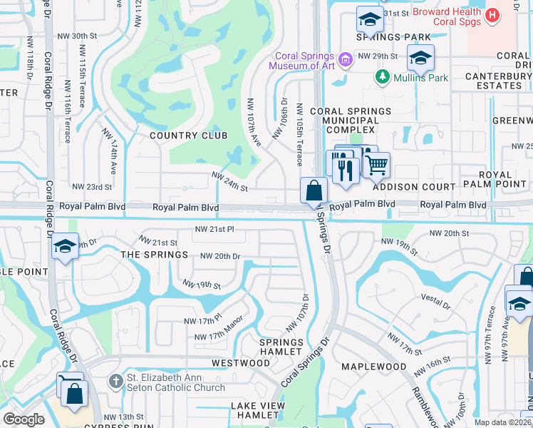 map of restaurants, bars, coffee shops, grocery stores, and more near 10752 Royal Palm Boulevard in Coral Springs