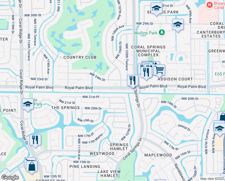 map of restaurants, bars, coffee shops, grocery stores, and more near 10795 Royal Palm Boulevard in Coral Springs
