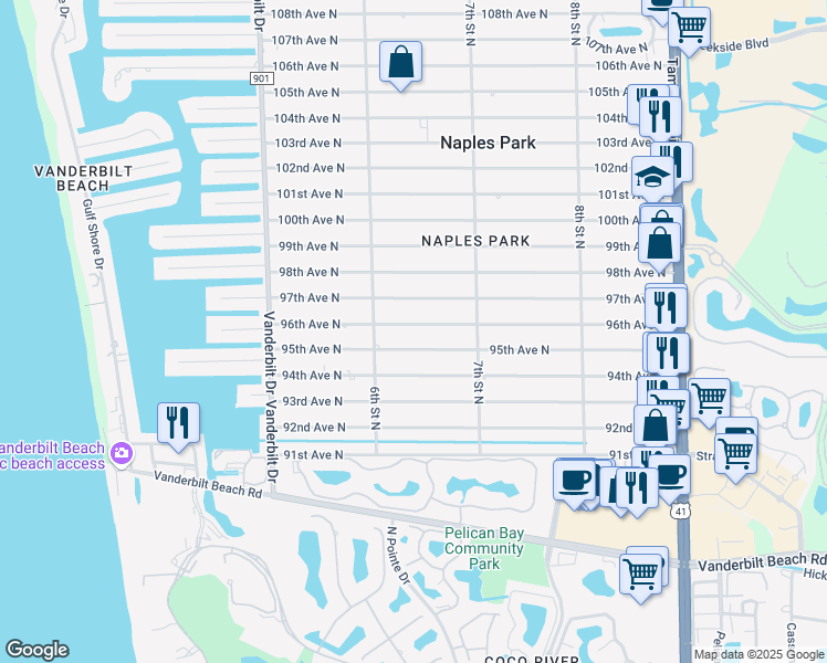 map of restaurants, bars, coffee shops, grocery stores, and more near 636 96th Avenue North in Naples